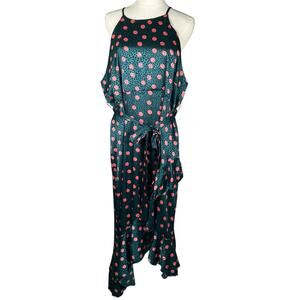 Queen B Maternity London Polka Dot Satin‎ Maxi Dress Teal Red Ruffle Hem Size 16